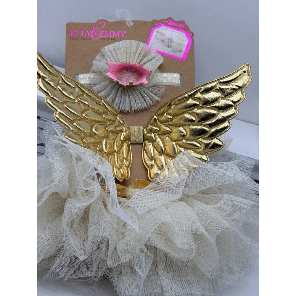 Elly & Emmy Baby 3 Piece Tutu Set Gold Angel Wings Crown Headband White 0-12M